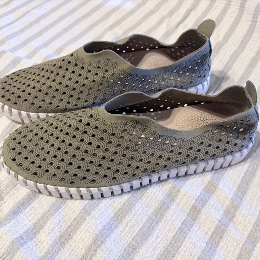 Ilse Jacobsen Army Green Laser-Cut Slip-On Mules